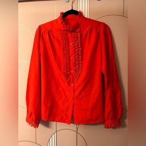 Vintage red ruffle high neck long sleeve blouse S/M